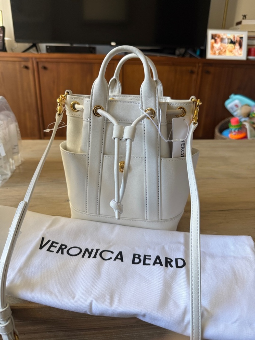 Veronica Beard White Leather Goody Mini Drawstring Bucket Bag